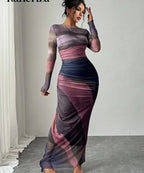 Cosima | Comfy Printed Bodycon Long Sleeve Round Neck Maxi Dress