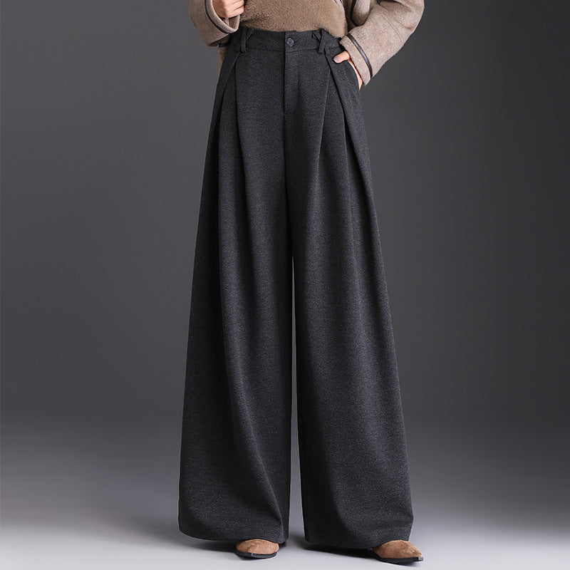 Rosaline | Camel High Waisted Pleated Wide Leg Tailored Satin Trousers — Dark Grey