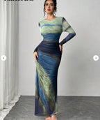 Cosima | Comfy Printed Bodycon Long Sleeve Round Neck Maxi Dress