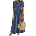Valentina | Denim Short Sleeve Button-Down Maxi Shirt Dress