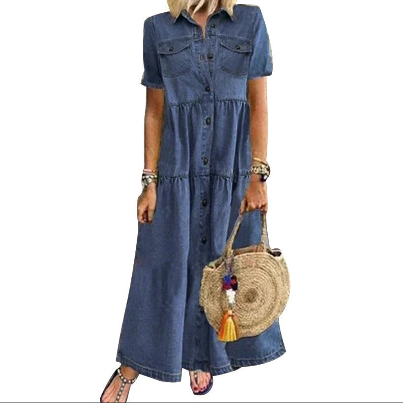 Valentina | Denim Short Sleeve Button-Down Maxi Shirt Dress