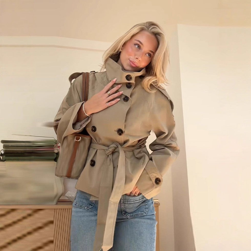 Liliana | Belted Funnel Neck Short Trench Coat
