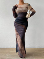 Cosima | Comfy Printed Bodycon Long Sleeve Round Neck Maxi Dress