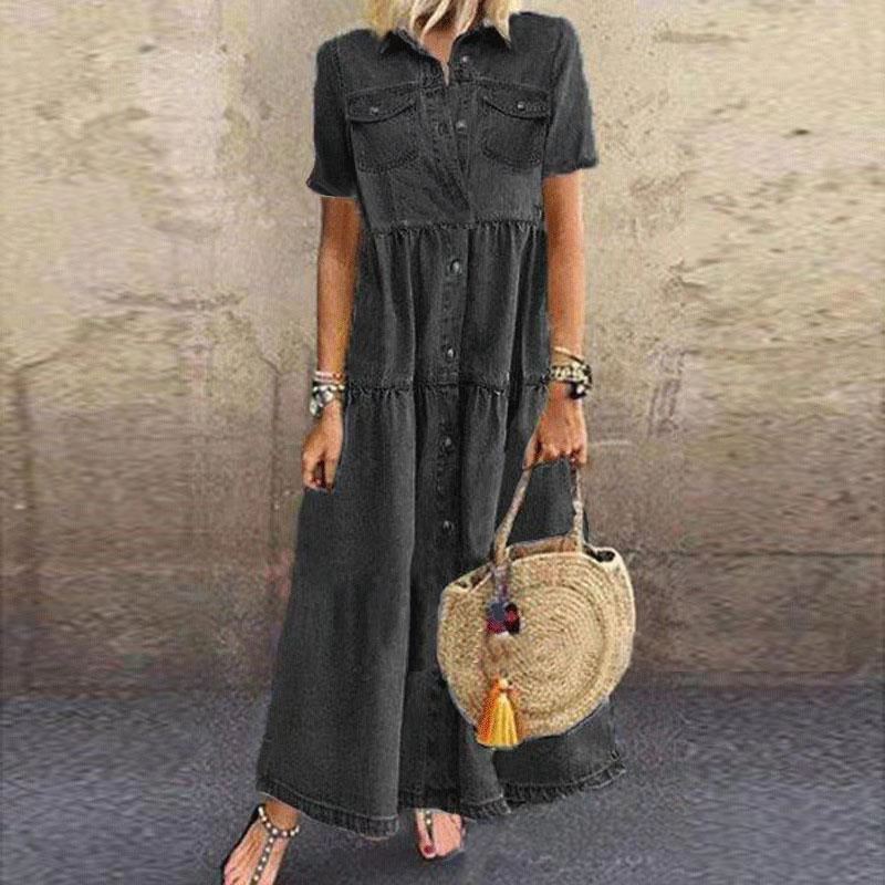 Valentina | Denim Short Sleeve Button-Down Maxi Shirt Dress