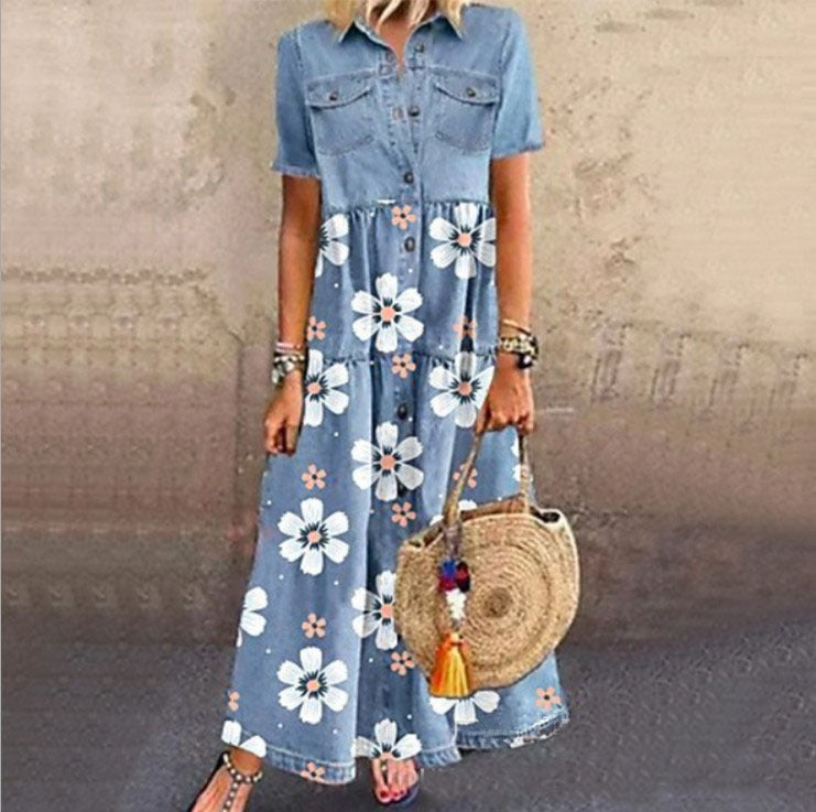 Valentina | Denim Short Sleeve Button-Down Maxi Shirt Dress