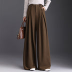 Rosaline | Camel High Waisted Pleated Wide Leg Tailored Satin Trousers — Olive Brown