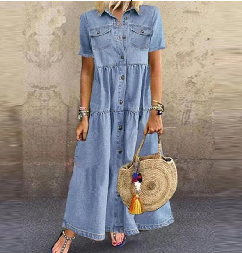 Valentina | Denim Short Sleeve Button-Down Maxi Shirt Dress