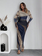 Cosima | Comfy Printed Bodycon Long Sleeve Round Neck Maxi Dress