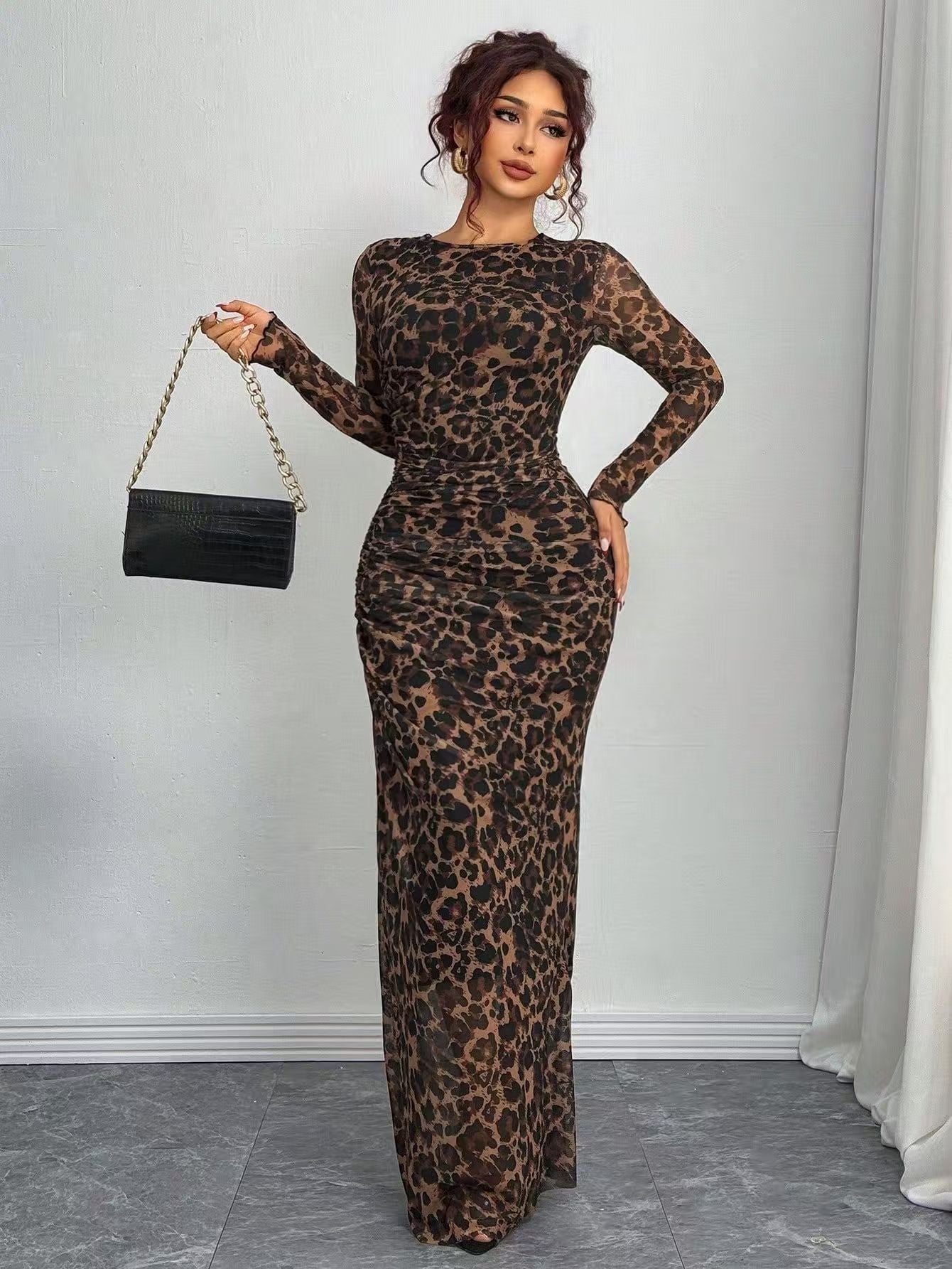 Cosima | Comfy Printed Bodycon Long Sleeve Round Neck Maxi Dress