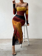 Cosima | Comfy Printed Bodycon Long Sleeve Round Neck Maxi Dress
