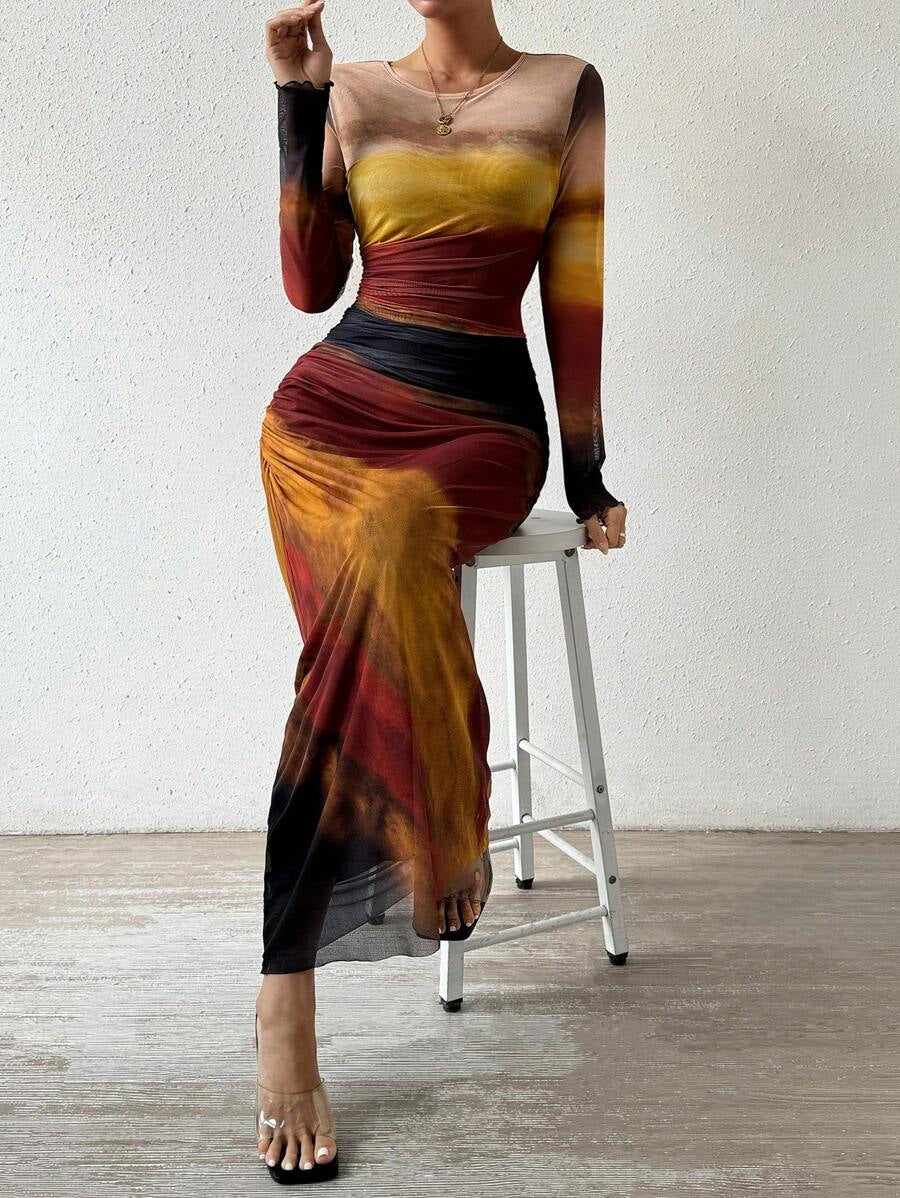 Cosima | Comfy Printed Bodycon Long Sleeve Round Neck Maxi Dress
