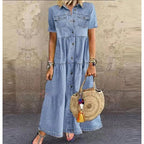 Valentina | Denim Short Sleeve Button-Down Maxi Shirt Dress