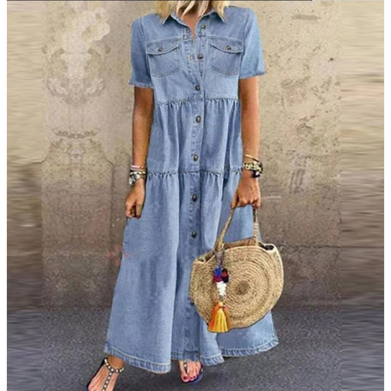 Valentina | Denim Short Sleeve Button-Down Maxi Shirt Dress