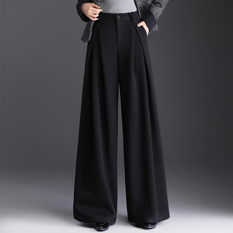 Rosaline | Camel High Waisted Pleated Wide Leg Tailored Satin Trousers — Black