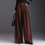 Rosaline | Camel High Waisted Pleated Wide Leg Tailored Satin Trousers — Chestnut