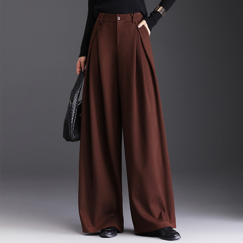 Rosaline | Camel High Waisted Pleated Wide Leg Tailored Satin Trousers — Chestnut