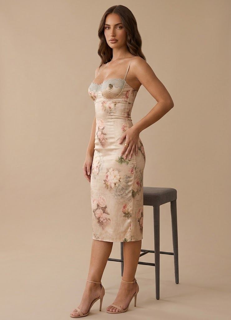 Octavia | Satin Corset Midi Dress Wedding Guest Green