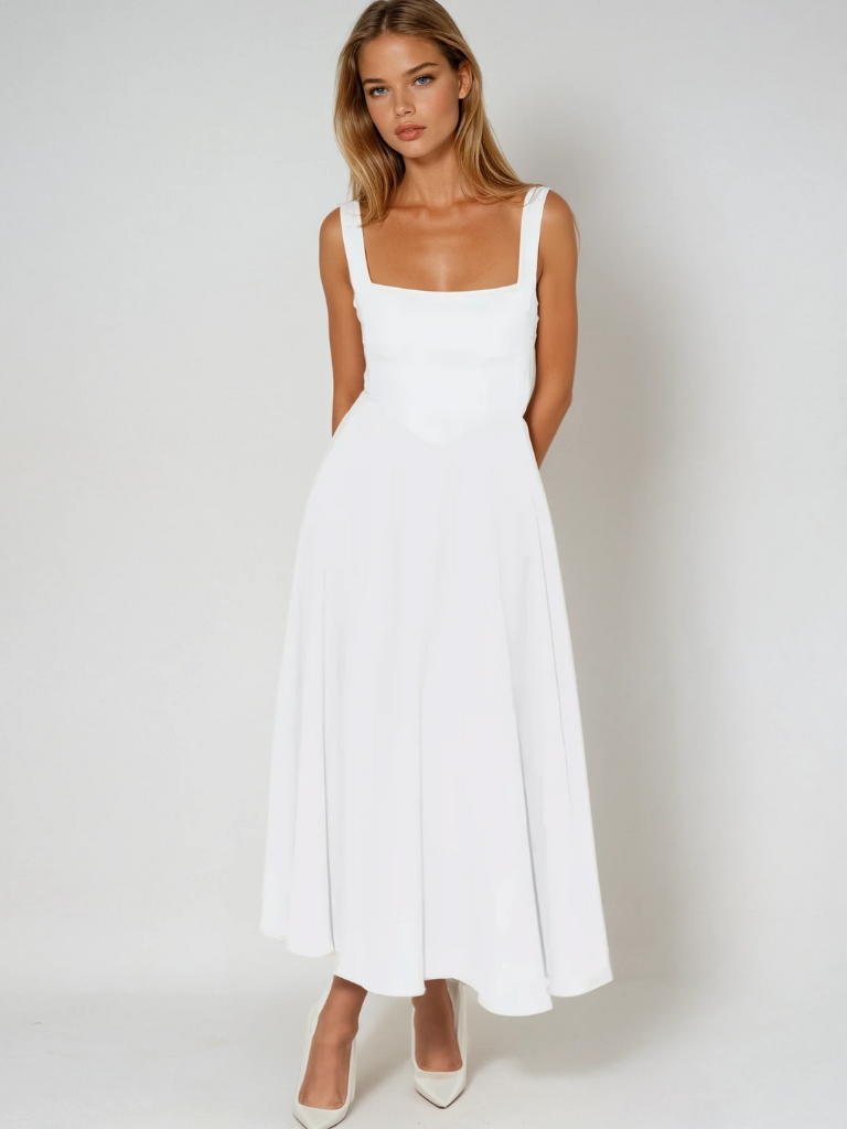 Nadia | Square Neck Structured A-Line Midi Dress
