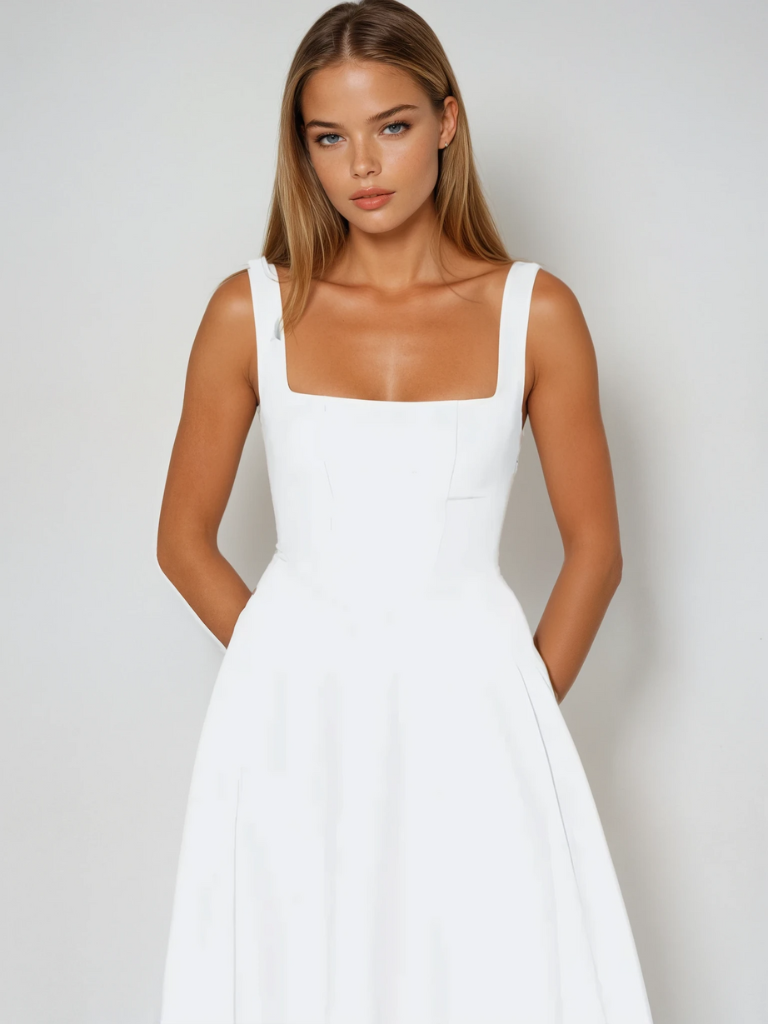Nadia | Square Neck Structured A-Line Midi Dress