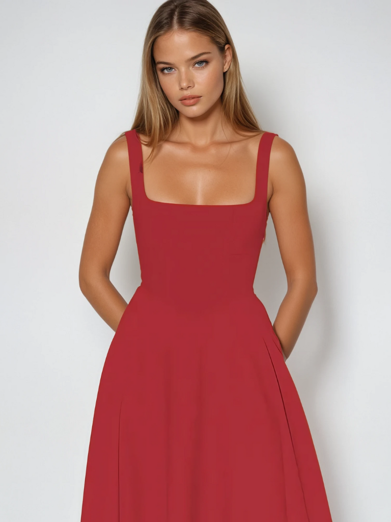 Nadia | Square Neck Structured A-Line Midi Dress
