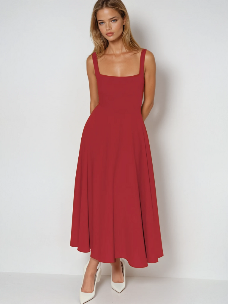 Nadia | Square Neck Structured A-Line Midi Dress