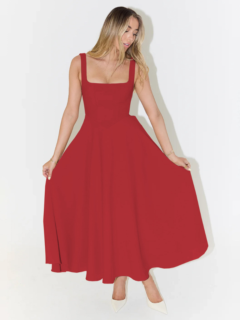 Nadia | Square Neck Structured A-Line Midi Dress