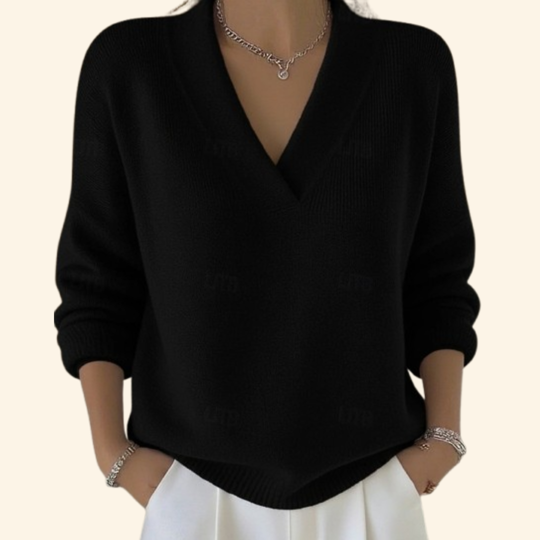 Ghislaine | Knitted V Neck Cashmere Feel Sweater Jumper — Black