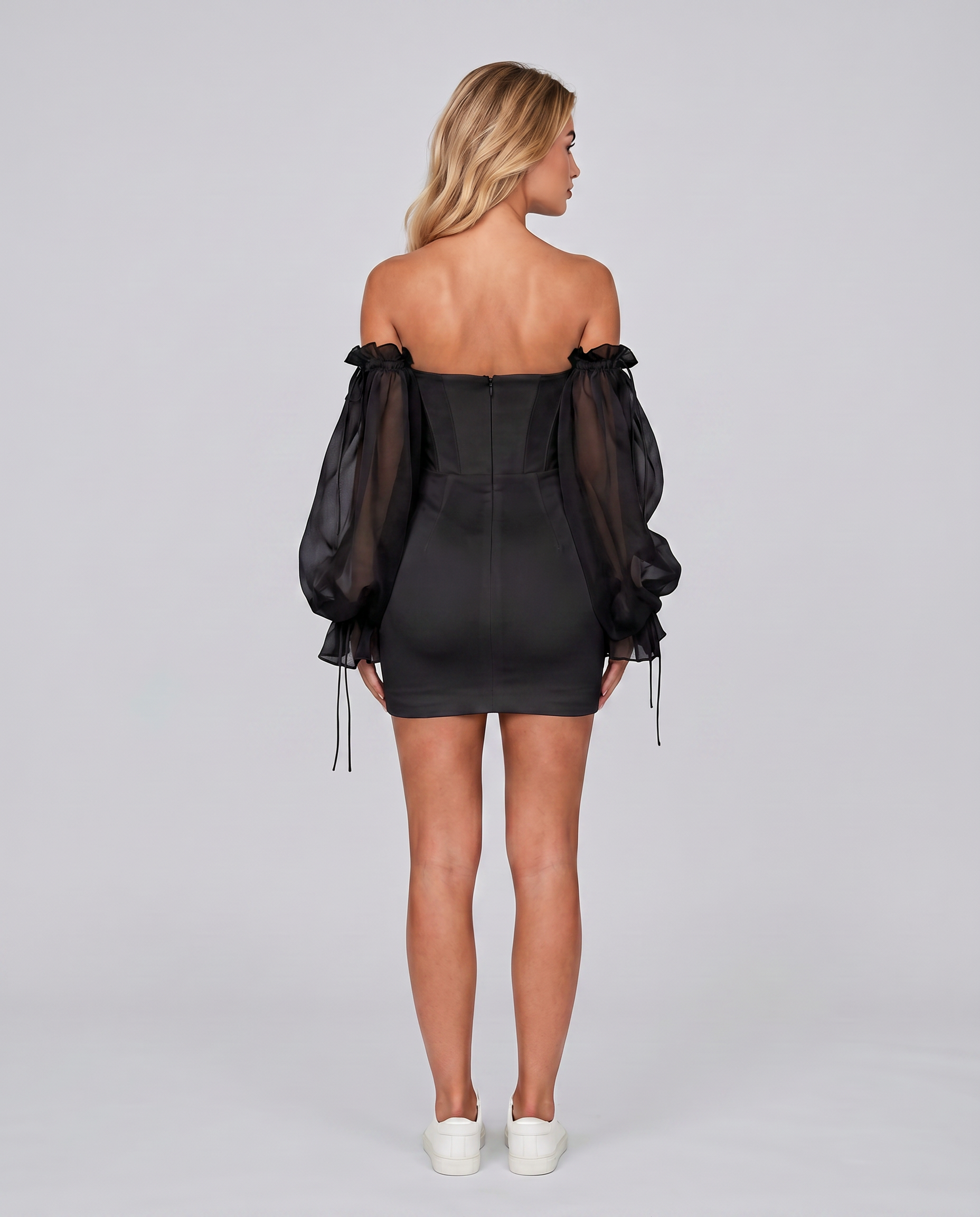 Francesca | Black Corset Dress with Organza Balloon Sleeves