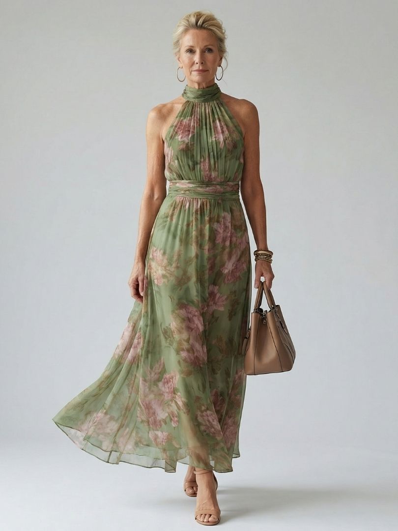 Helena | Halter Neck Floral Midi Dress Summer Garden Party