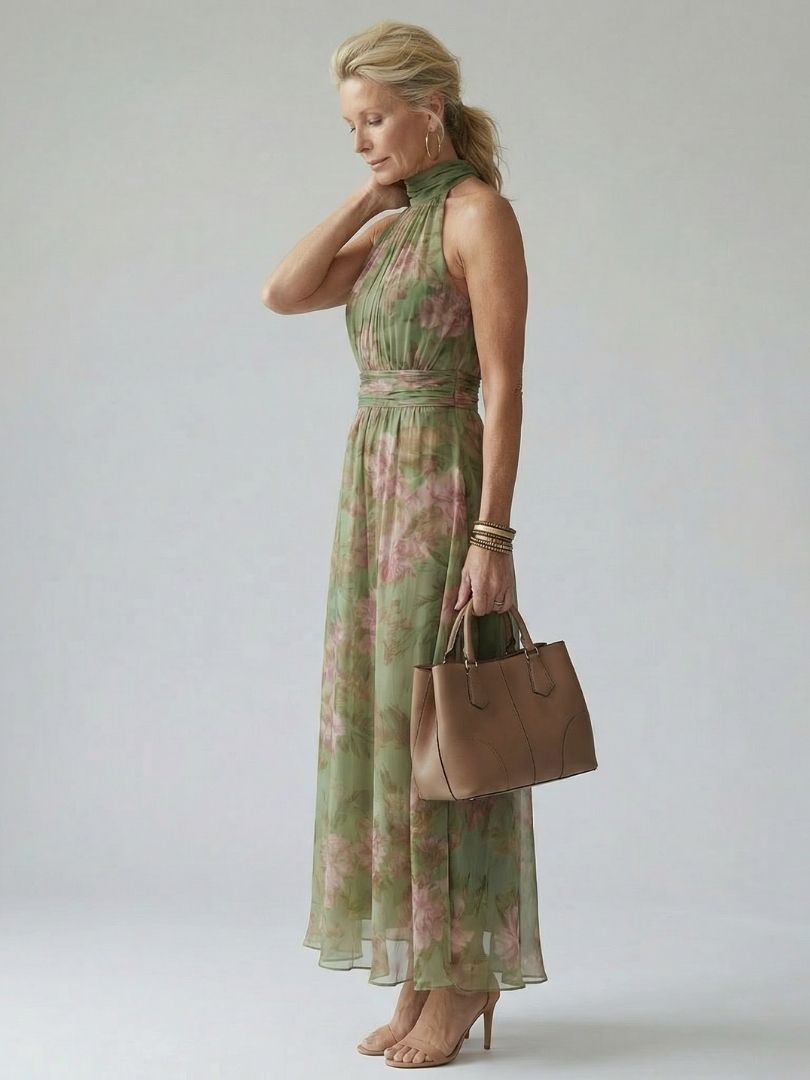 Helena | Halter Neck Floral Midi Dress Summer Garden Party