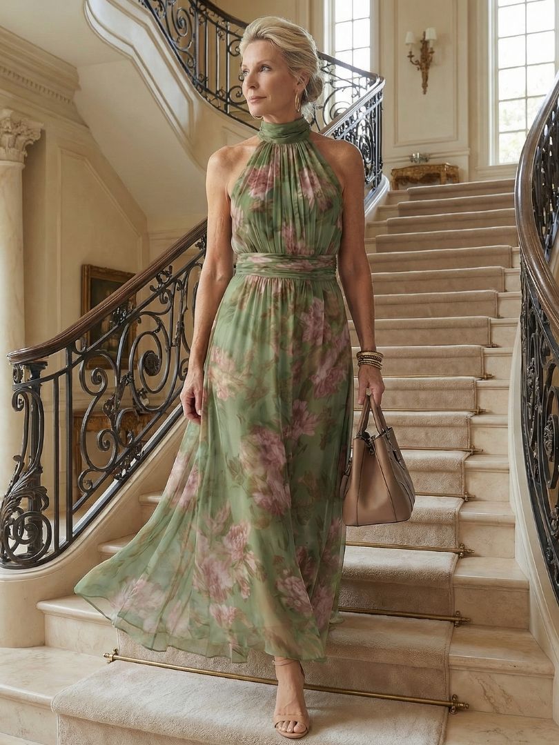 Helena | Halter Neck Floral Midi Dress Summer Garden Party