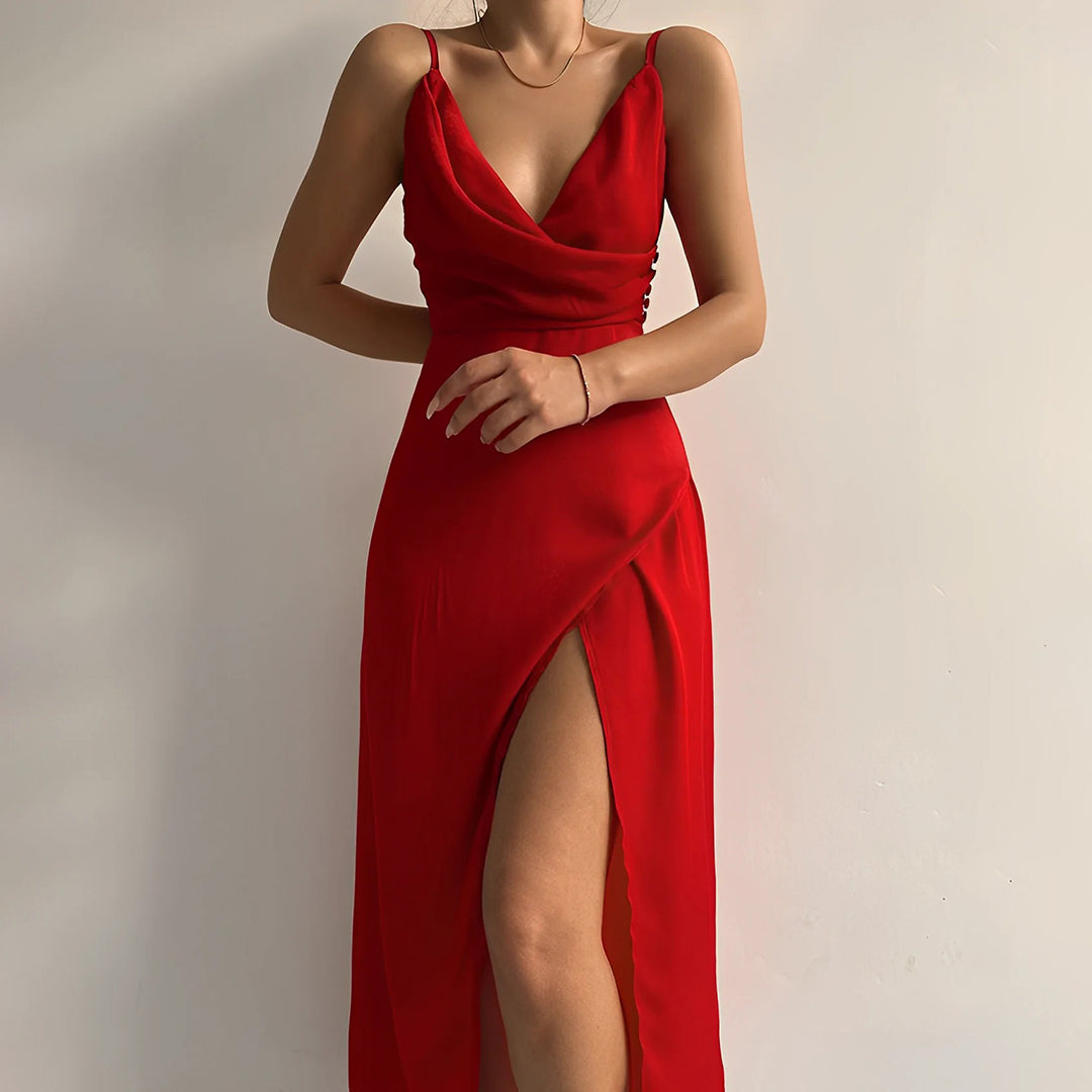 Anouk | Draped Cowl Neck V-Neck Midi Dress
