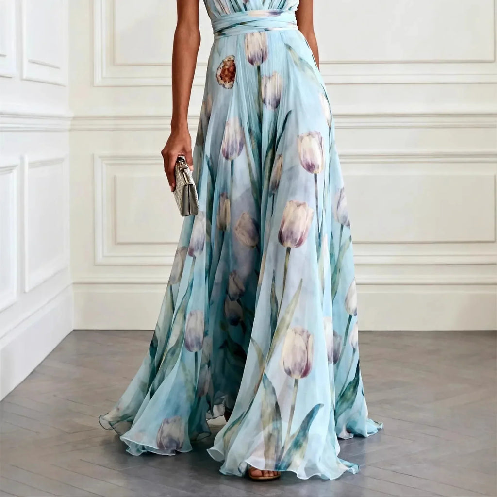 Josephine | Tulip Print V-Neck Maxi Wedding Guest Dress