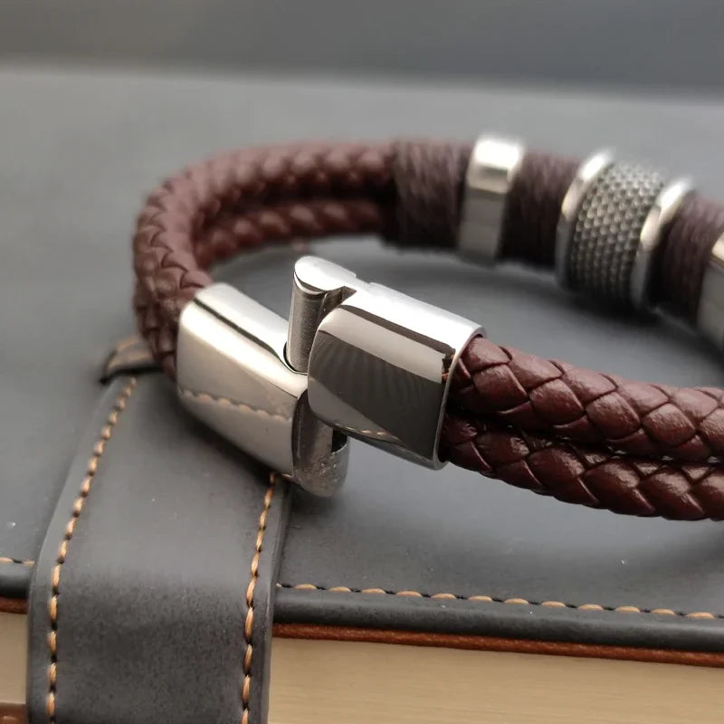 Sterling | Mens Bracelet Leather Wrap Stainless Steel Casual