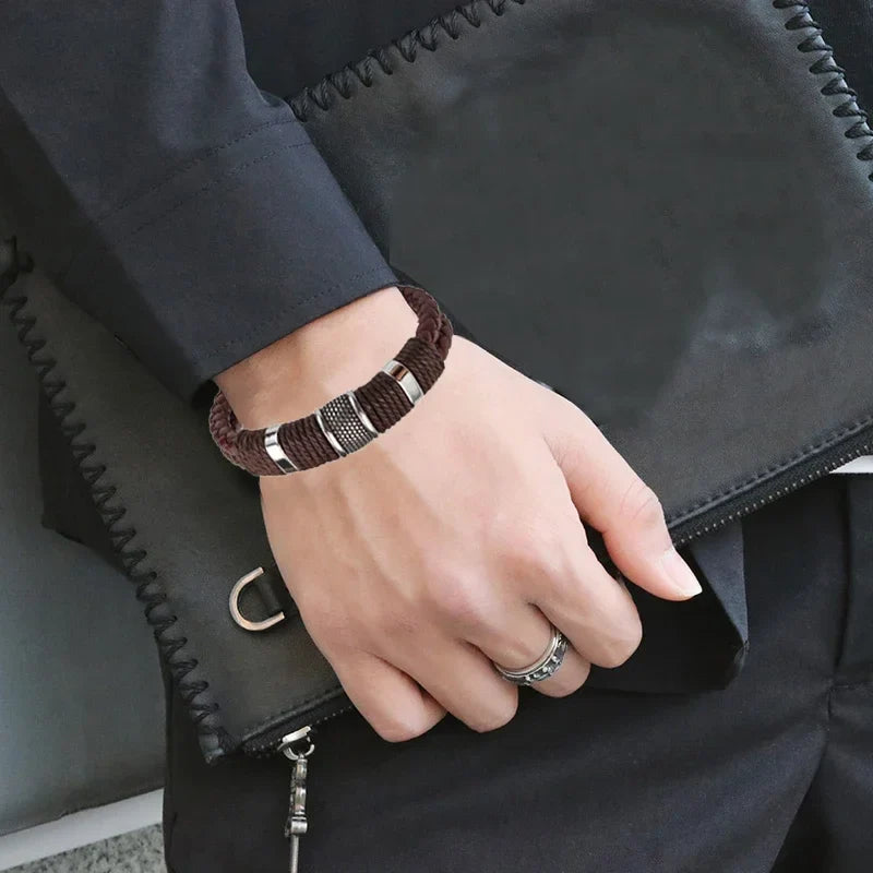 Sterling | Mens Bracelet Leather Wrap Stainless Steel Casual