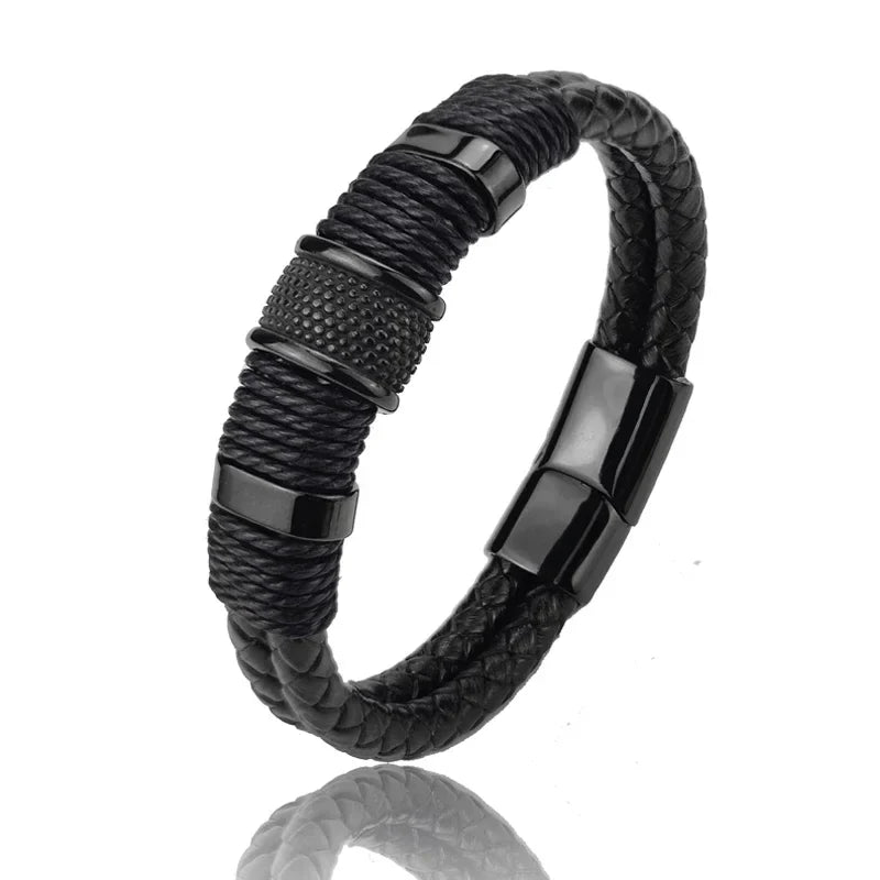 Sterling | Mens Bracelet Leather Wrap Stainless Steel Casual