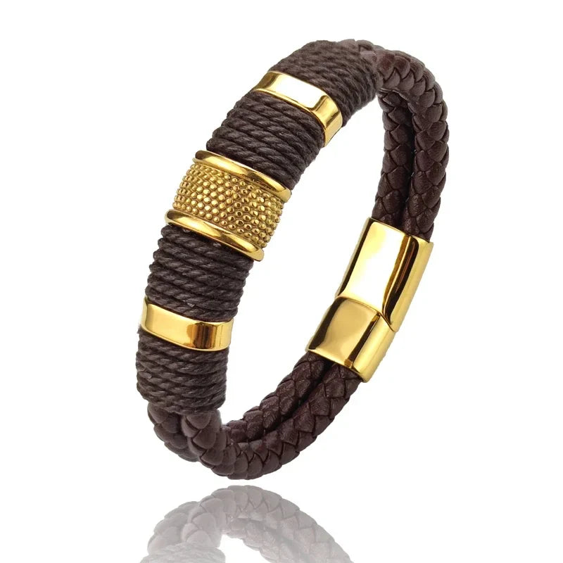 Sterling | Mens Bracelet Leather Wrap Stainless Steel Casual