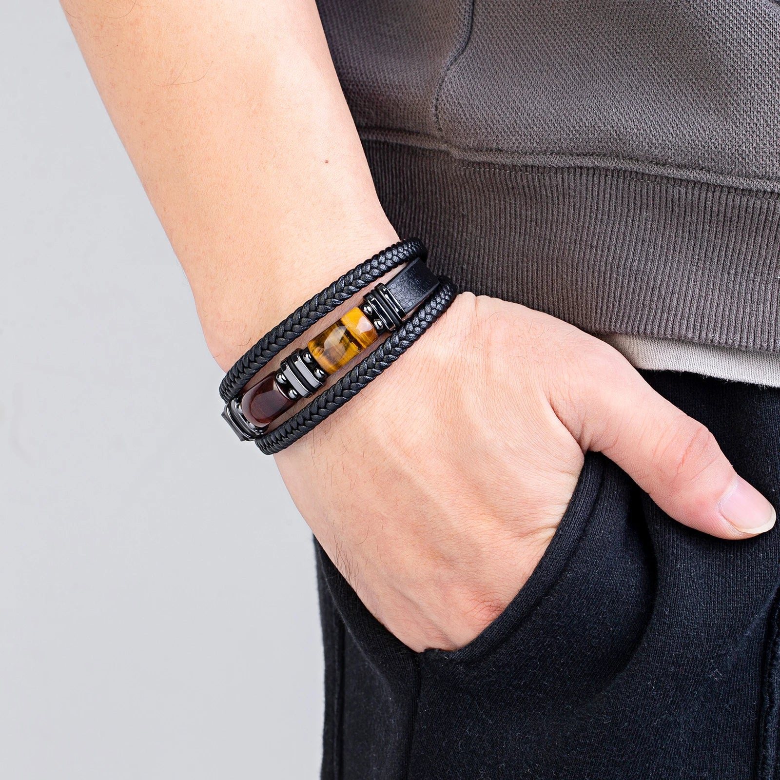 Phineas | Mens Bracelet Braided Leather Tiger Eye Casual