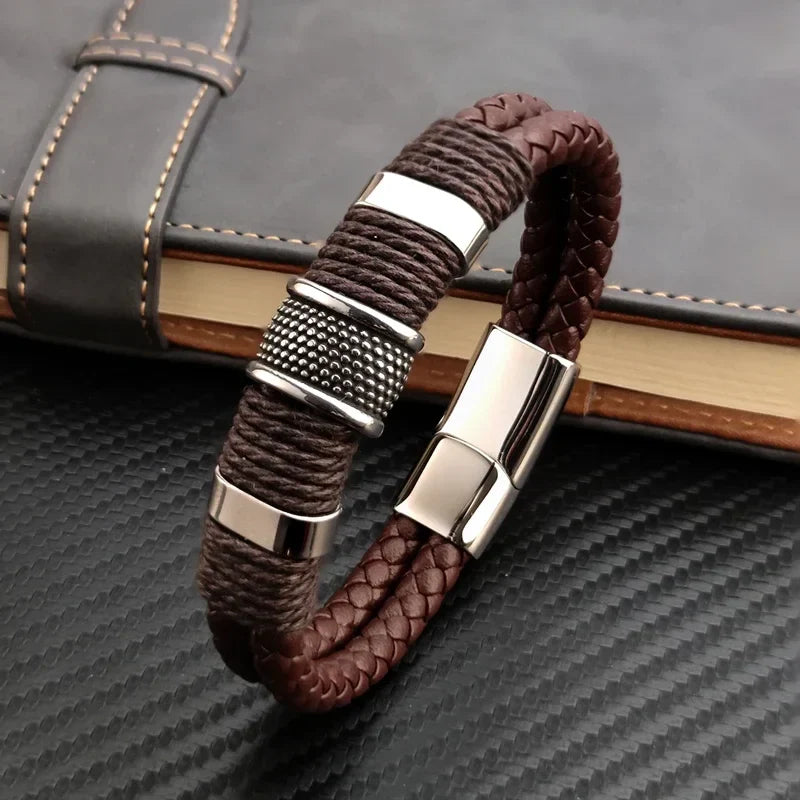 Sterling | Mens Bracelet Leather Wrap Stainless Steel Casual