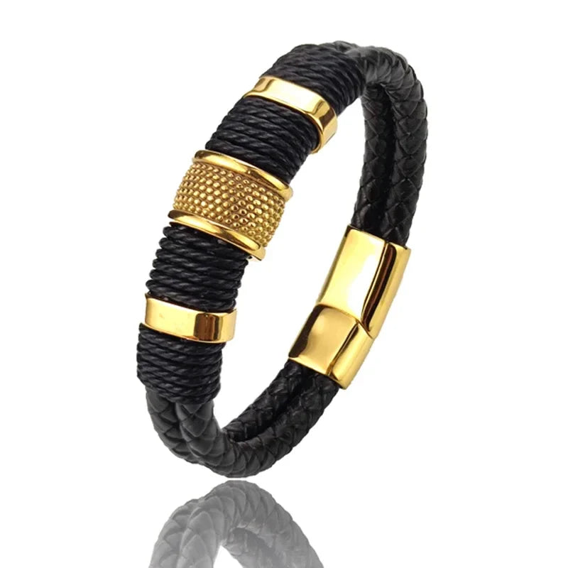 Sterling | Mens Bracelet Leather Wrap Stainless Steel Casual