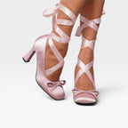Honorine | Gold Block Heels For Wedding With Ribbon Lace Up