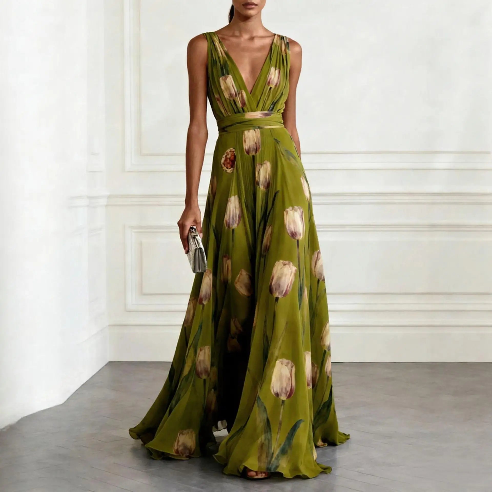 Josephine | Tulip Print V-Neck Maxi Wedding Guest Dress