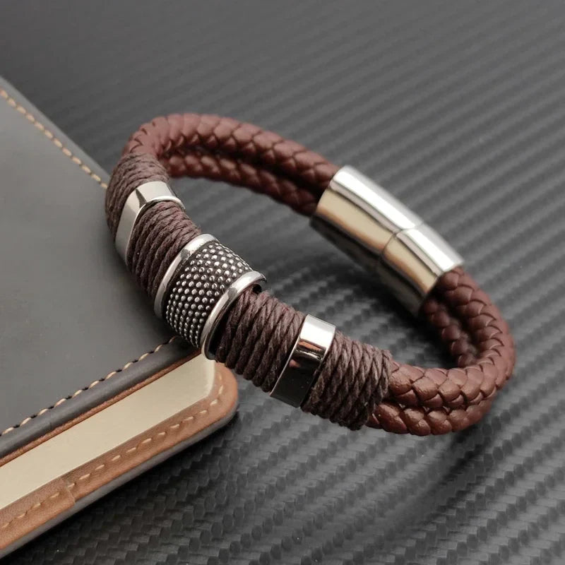 Sterling | Mens Bracelet Leather Wrap Stainless Steel Casual