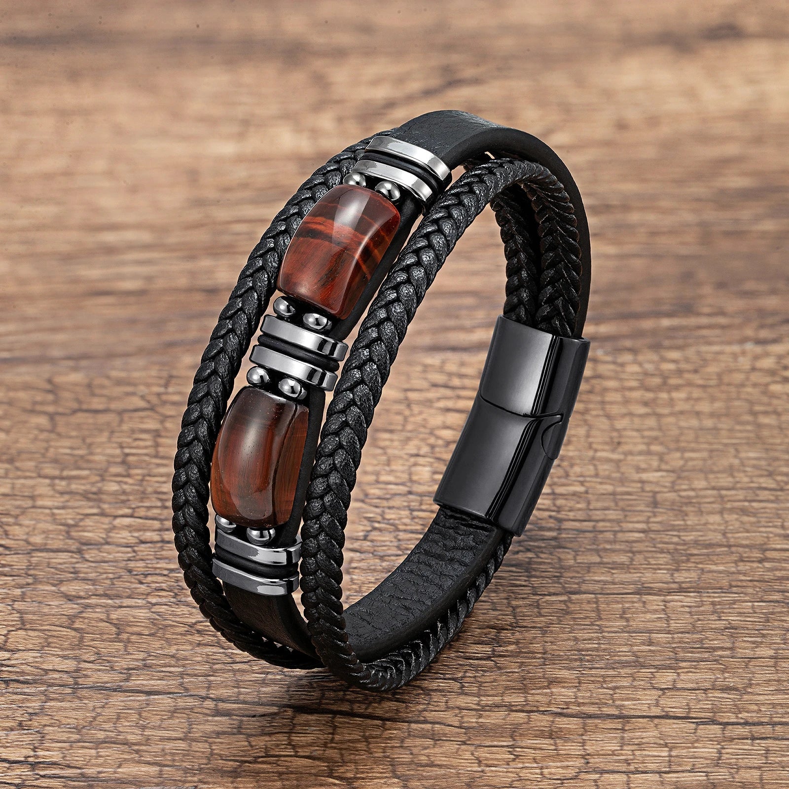 Phineas | Mens Bracelet Braided Leather Tiger Eye Casual