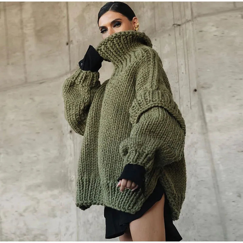 Vivienne | Chunky Knit Turtleneck Roll Neck Jumper Sweater — Olive