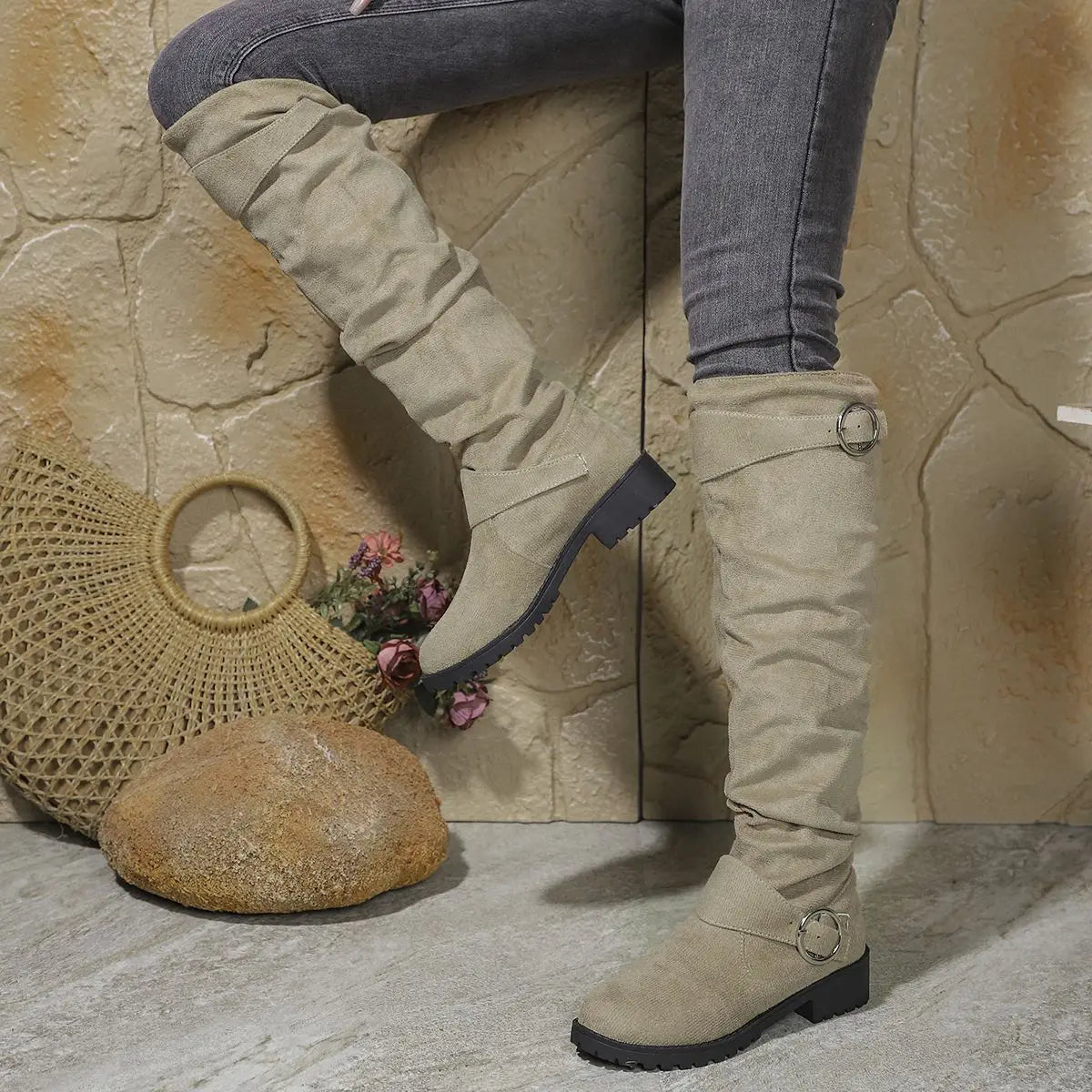 Flavie | Chunky Knee High Wide Fit Slouchy Boots — Khaki