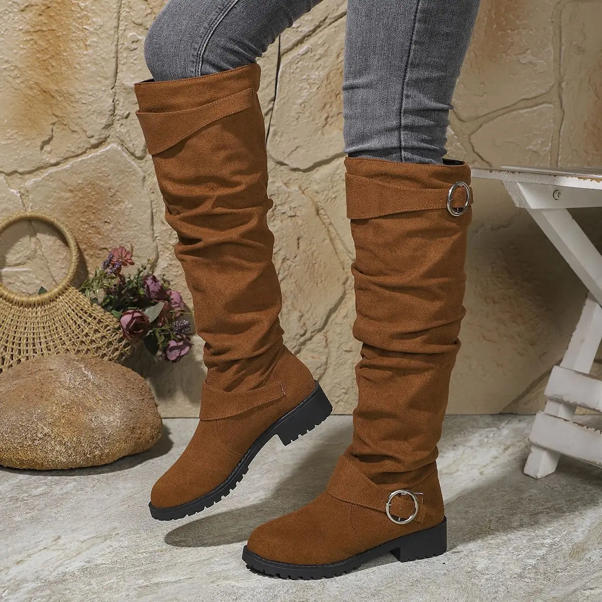 Flavie | Chunky Knee High Wide Fit Slouchy Boots — Light Brown