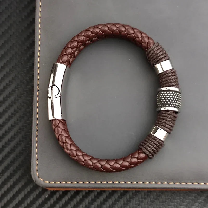 Sterling | Mens Bracelet Leather Wrap Stainless Steel Casual