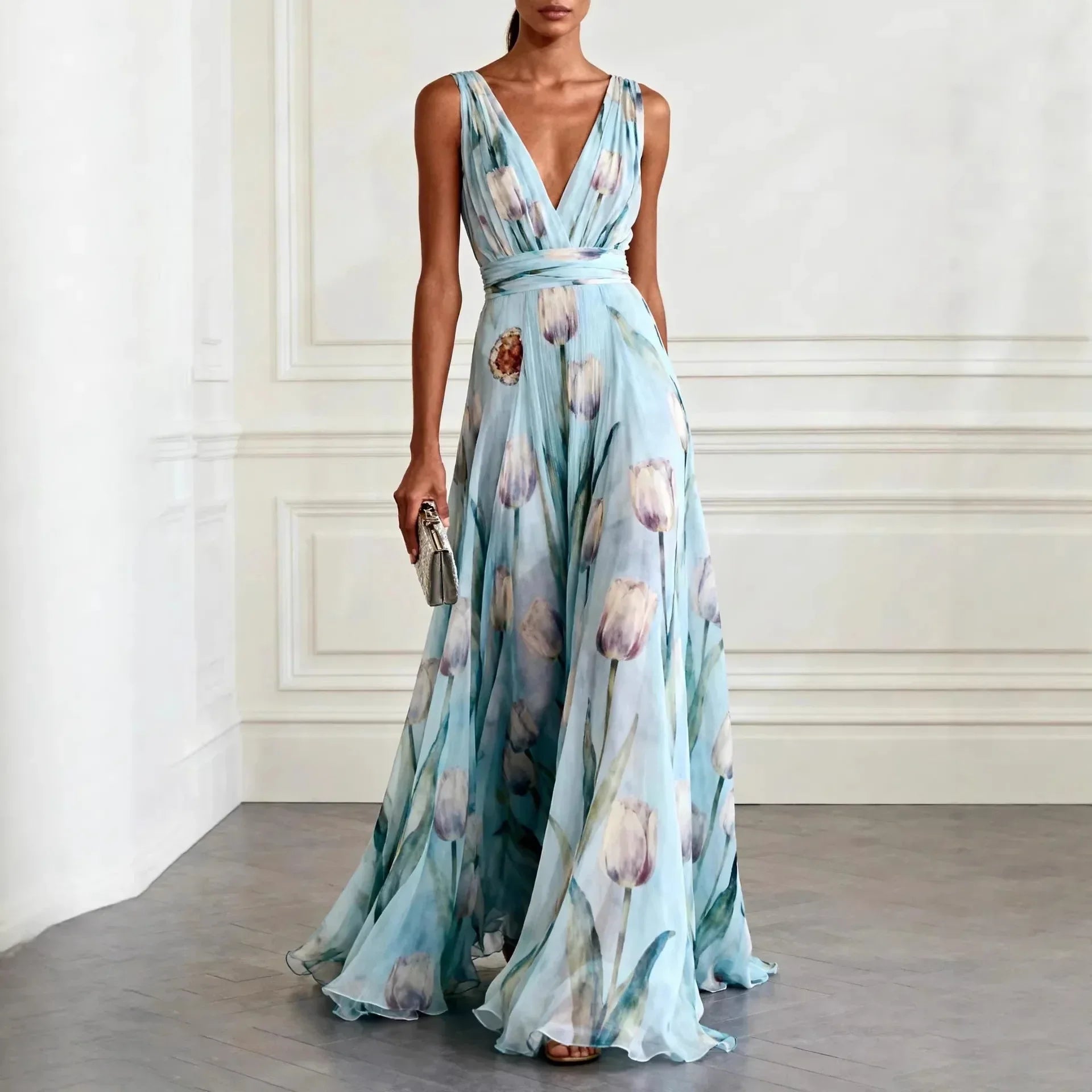 Josephine | Tulip Print V-Neck Maxi Wedding Guest Dress