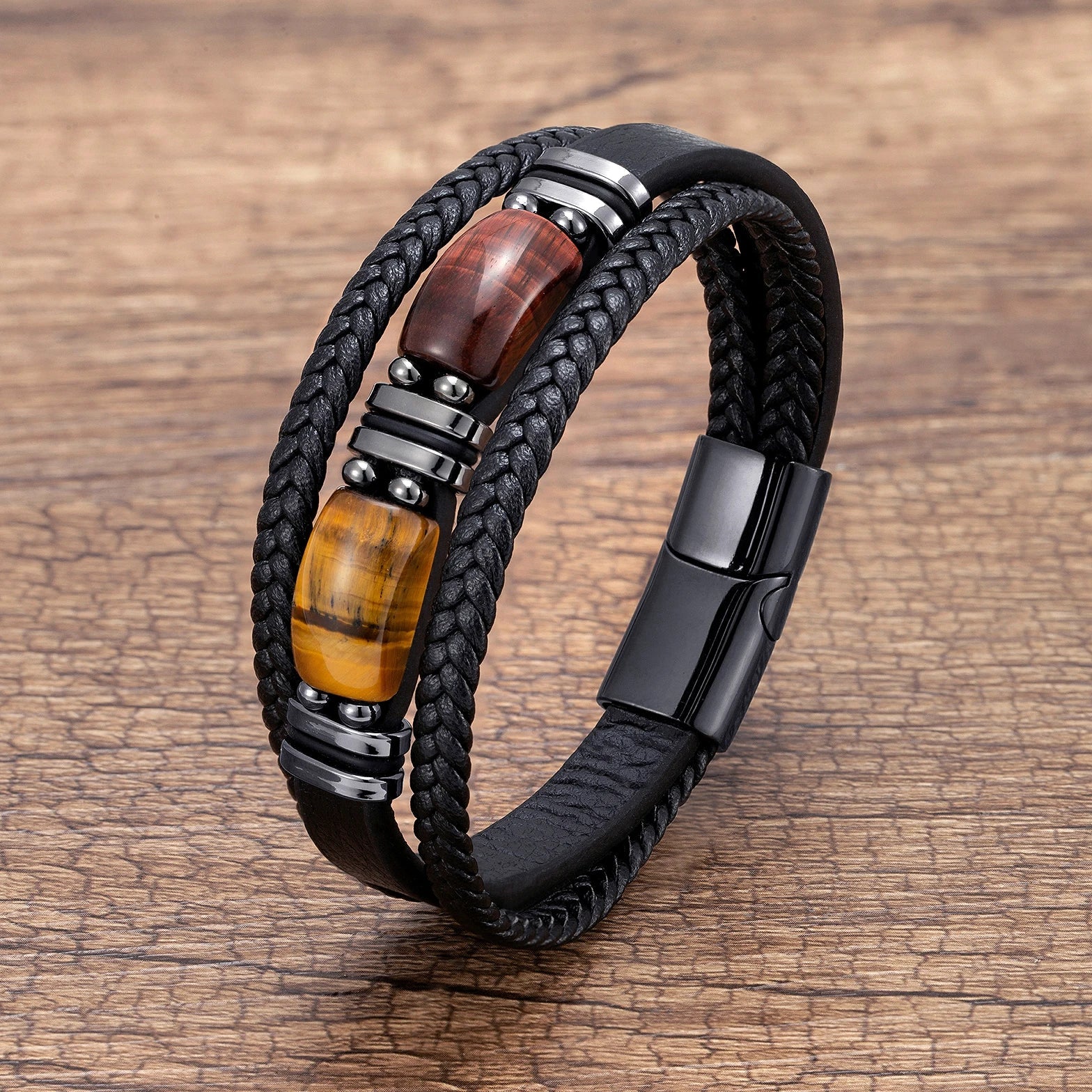 Phineas | Mens Bracelet Braided Leather Tiger Eye Casual